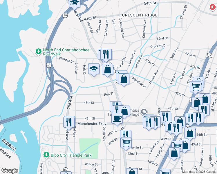 map of restaurants, bars, coffee shops, grocery stores, and more near 617 49th Street in Columbus