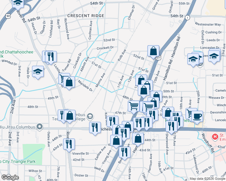 map of restaurants, bars, coffee shops, grocery stores, and more near 4751 11th Avenue in Columbus