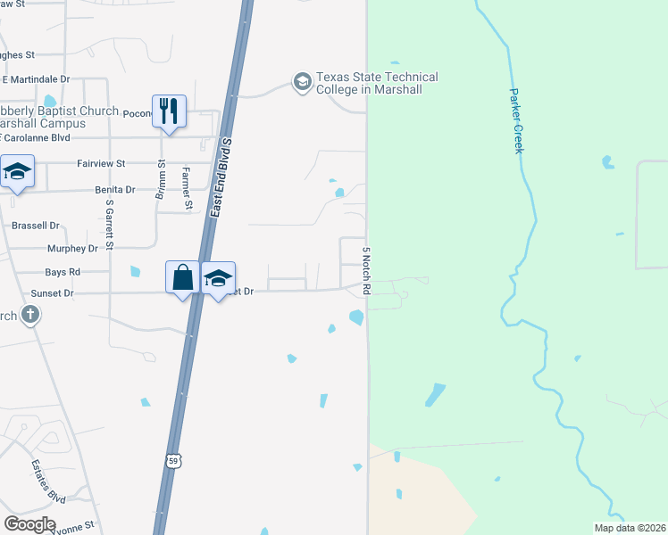 map of restaurants, bars, coffee shops, grocery stores, and more near 3607 Sunset Loop in Marshall