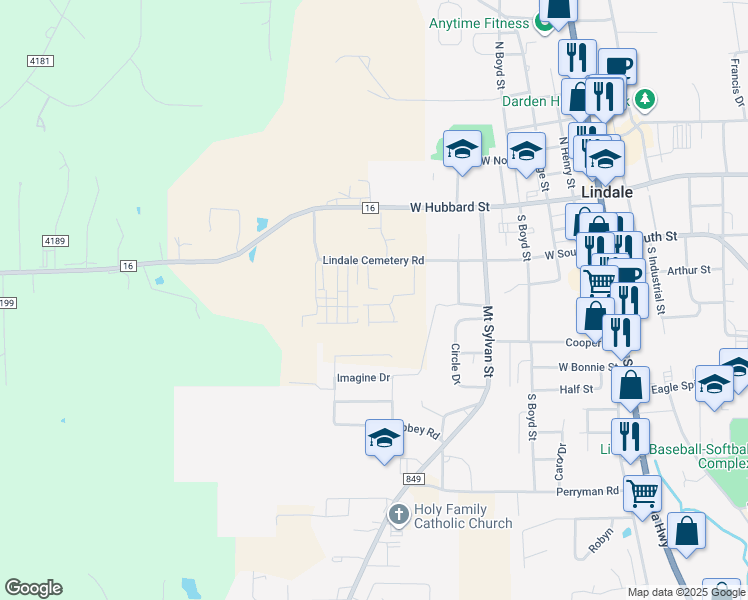 map of restaurants, bars, coffee shops, grocery stores, and more near 505 Sunset Drive in Lindale