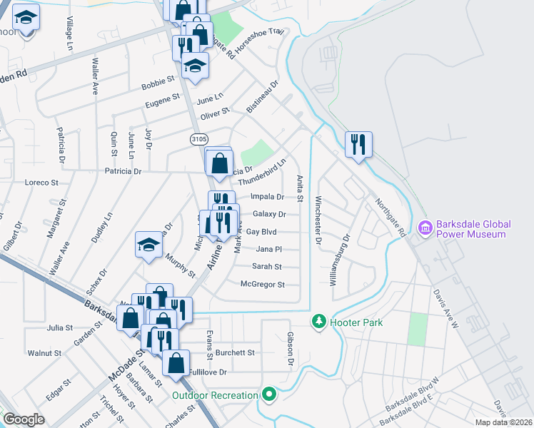 map of restaurants, bars, coffee shops, grocery stores, and more near 3214 Galaxy Drive in Bossier City