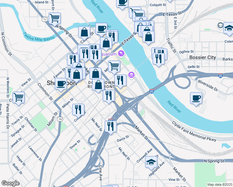 map of restaurants, bars, coffee shops, grocery stores, and more near 800 North Spring Street in Shreveport
