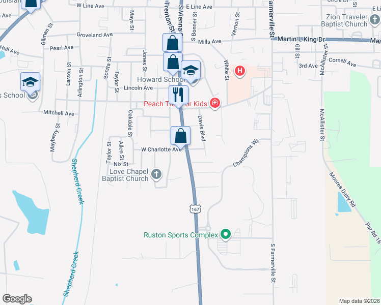 map of restaurants, bars, coffee shops, grocery stores, and more near 100 East Charlotte Avenue in Ruston