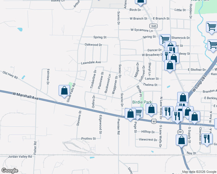 map of restaurants, bars, coffee shops, grocery stores, and more near 510A Rockwood Lane in Longview