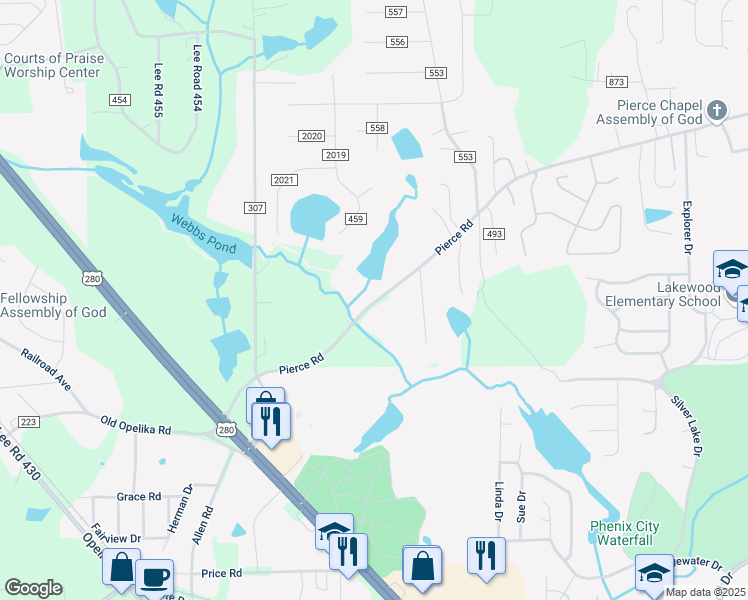 map of restaurants, bars, coffee shops, grocery stores, and more near 1088 Pierce Road in Phenix City