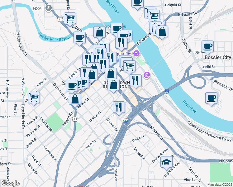 map of restaurants, bars, coffee shops, grocery stores, and more near 24312 Common Street in Shreveport
