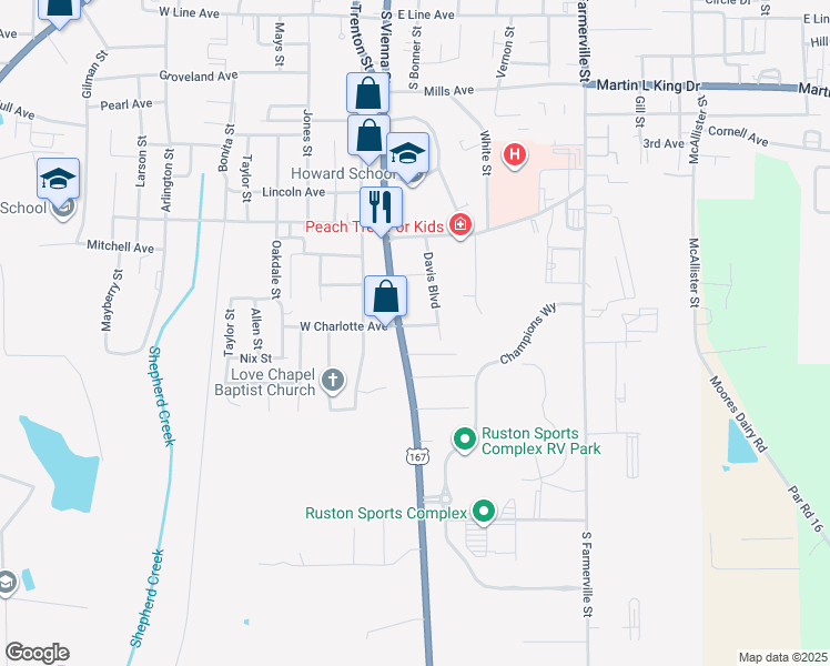 map of restaurants, bars, coffee shops, grocery stores, and more near 1408 Davis Boulevard in Ruston