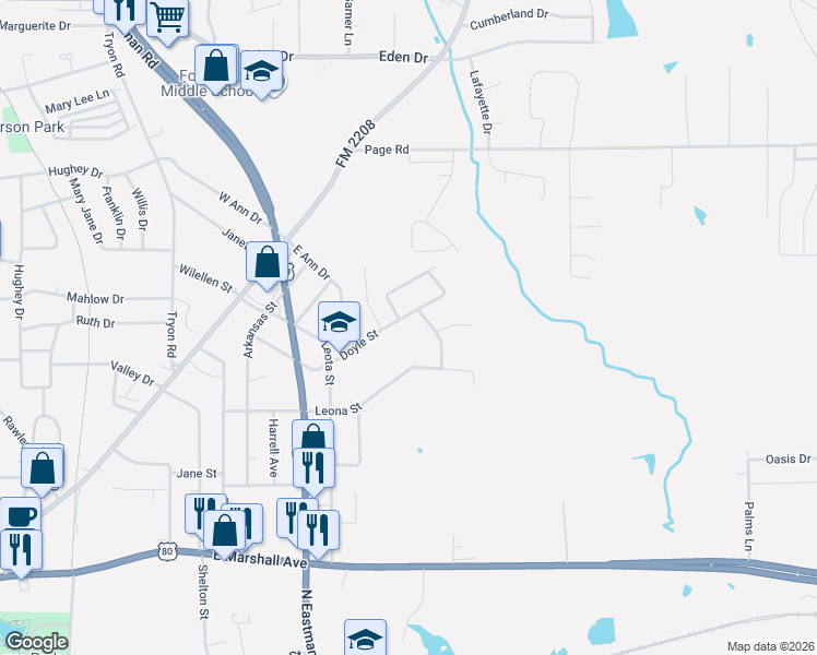 map of restaurants, bars, coffee shops, grocery stores, and more near 222 Crestwood Drive in Longview