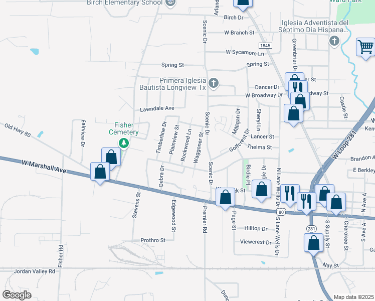 map of restaurants, bars, coffee shops, grocery stores, and more near 412 Rockwood Lane in Longview