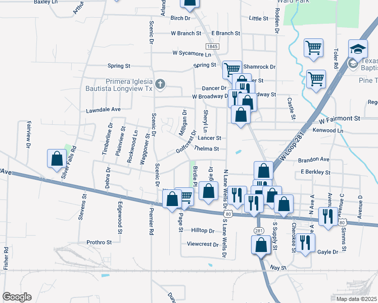map of restaurants, bars, coffee shops, grocery stores, and more near 719 Golfcrest Drive in Longview