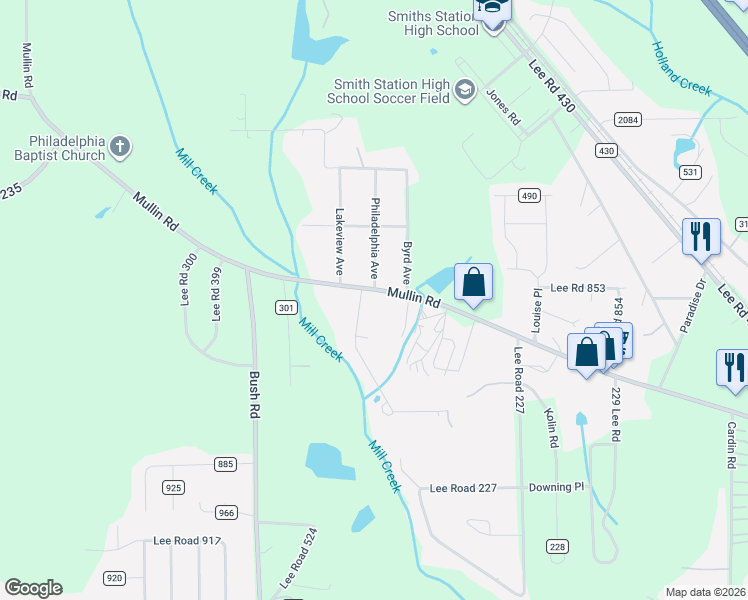 map of restaurants, bars, coffee shops, grocery stores, and more near 1-157 Lee Road 404 in Smiths Station