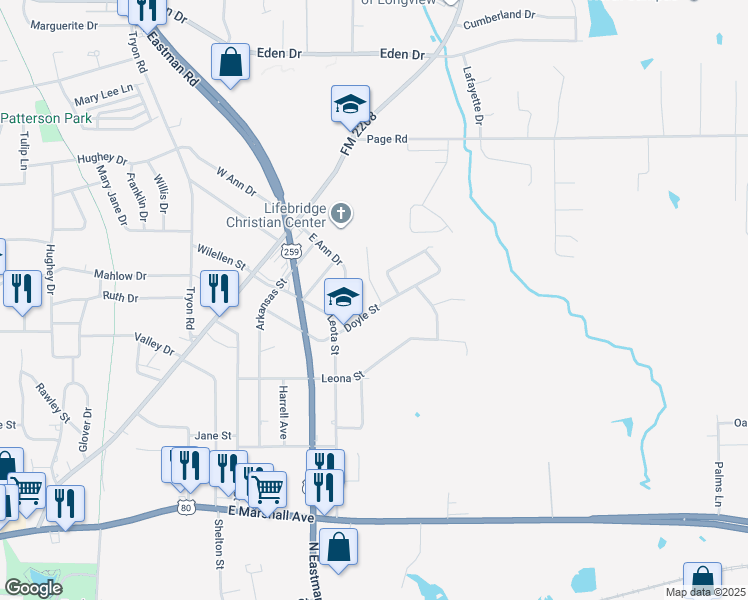 map of restaurants, bars, coffee shops, grocery stores, and more near 100 Dossey Street in Longview