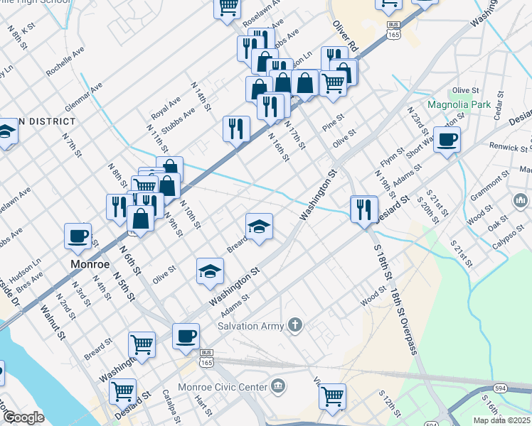 map of restaurants, bars, coffee shops, grocery stores, and more near 1315 Breard Street in Monroe