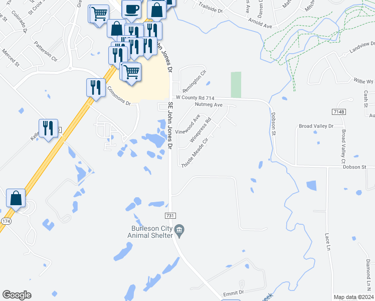 map of restaurants, bars, coffee shops, grocery stores, and more near 1039 Winepress Road in Burleson