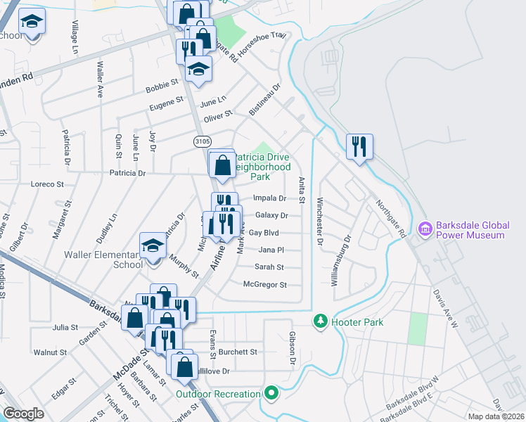 map of restaurants, bars, coffee shops, grocery stores, and more near 3211 Galaxy Drive in Bossier City