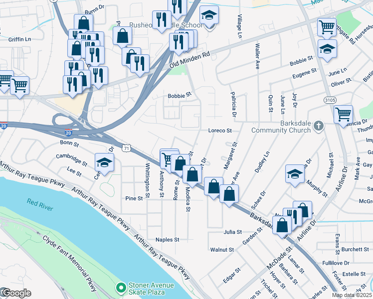 map of restaurants, bars, coffee shops, grocery stores, and more near 1127 Boone Street in Bossier City