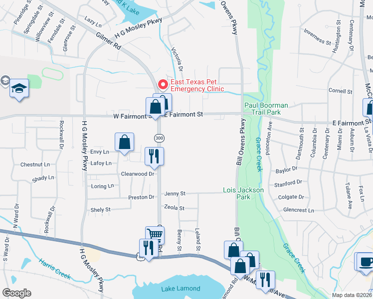 map of restaurants, bars, coffee shops, grocery stores, and more near 614 Gilmer Rd in Longview