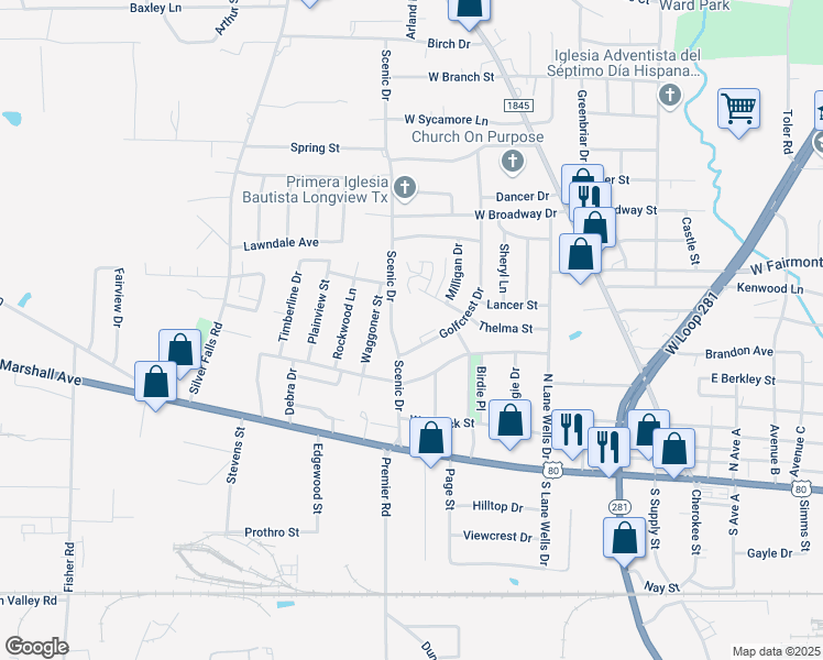 map of restaurants, bars, coffee shops, grocery stores, and more near 502 Scenic Drive in Longview