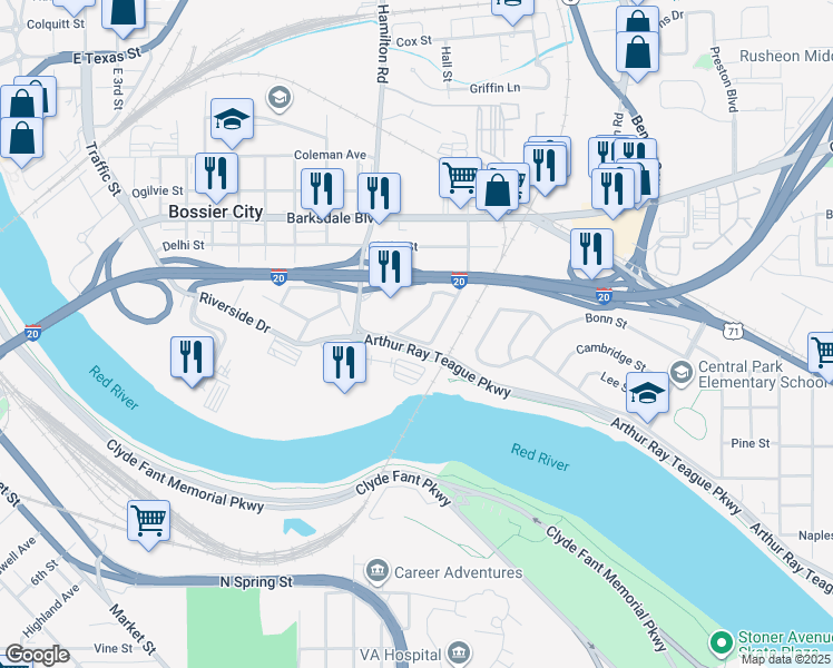 map of restaurants, bars, coffee shops, grocery stores, and more near 213 South Youree Street in Bossier City