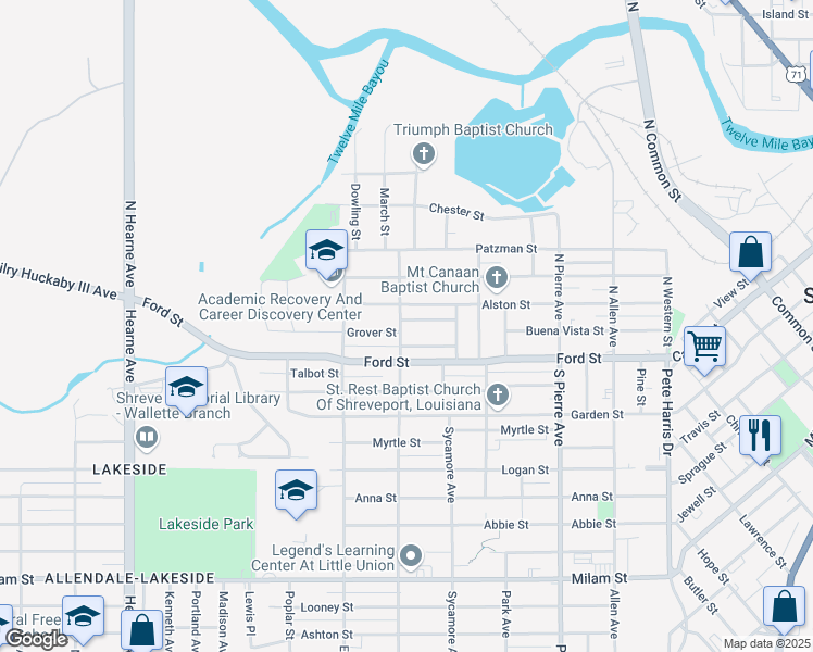 map of restaurants, bars, coffee shops, grocery stores, and more near 1857 Saint John Street in Shreveport