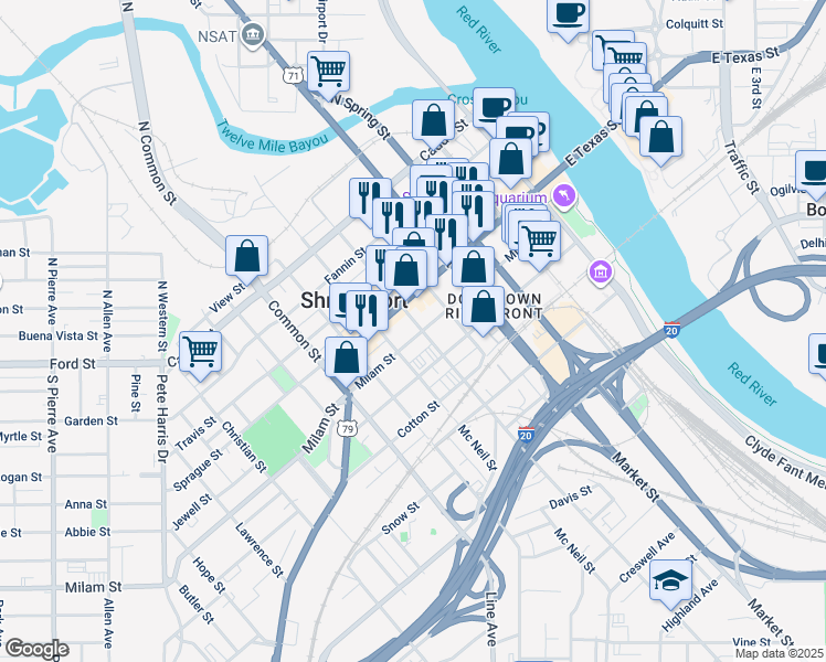 map of restaurants, bars, coffee shops, grocery stores, and more near in Shreveport