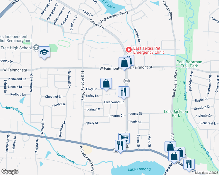 map of restaurants, bars, coffee shops, grocery stores, and more near 1514 Colony Circle in Longview