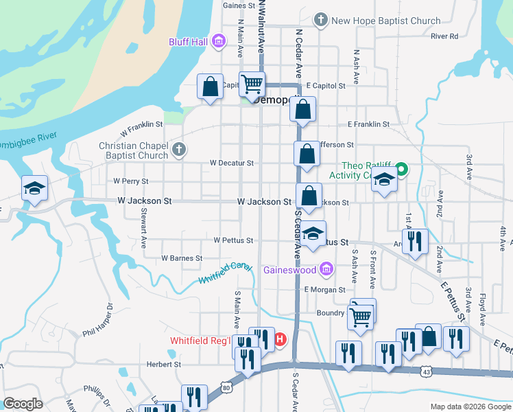 map of restaurants, bars, coffee shops, grocery stores, and more near 101 West Jackson Street in Demopolis
