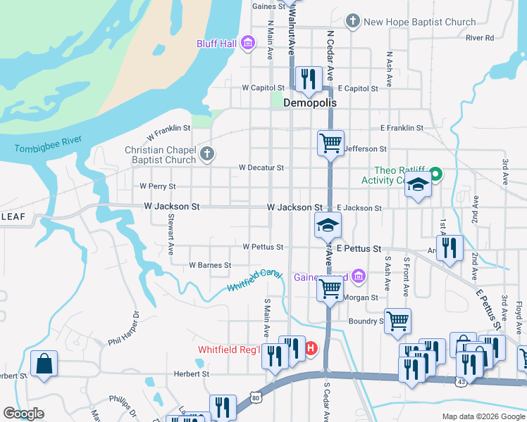 map of restaurants, bars, coffee shops, grocery stores, and more near 101-111 West Jackson Street in Demopolis