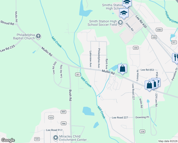 map of restaurants, bars, coffee shops, grocery stores, and more near 8445 Lee Road 246 in Smiths Station