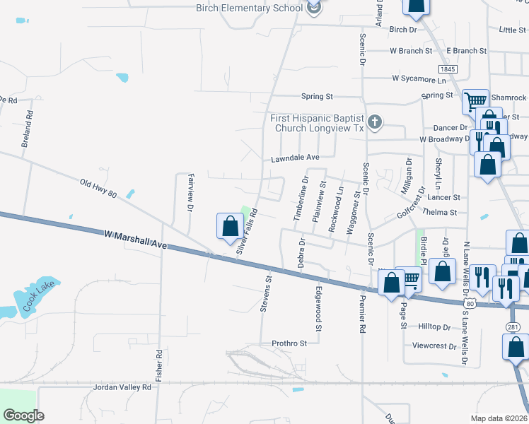 map of restaurants, bars, coffee shops, grocery stores, and more near 108 Jester Circle in Longview