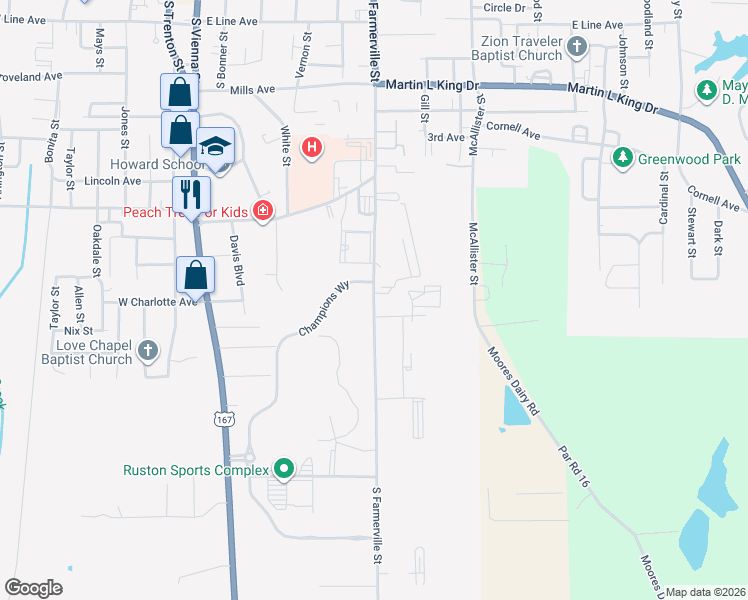 map of restaurants, bars, coffee shops, grocery stores, and more near 1500 South Farmerville Street in Ruston