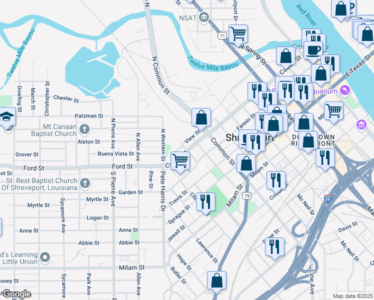 map of restaurants, bars, coffee shops, grocery stores, and more near 221 North Baker Street in Shreveport