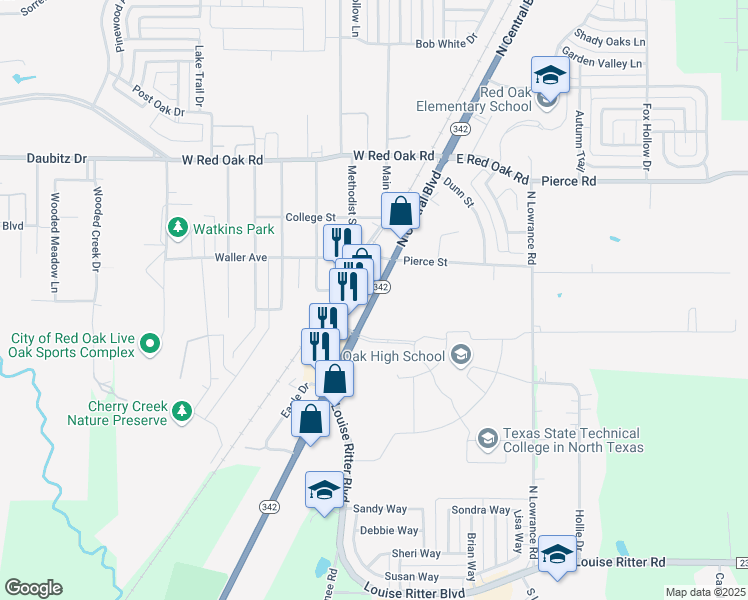 map of restaurants, bars, coffee shops, grocery stores, and more near 206 Highway 342 in Red Oak