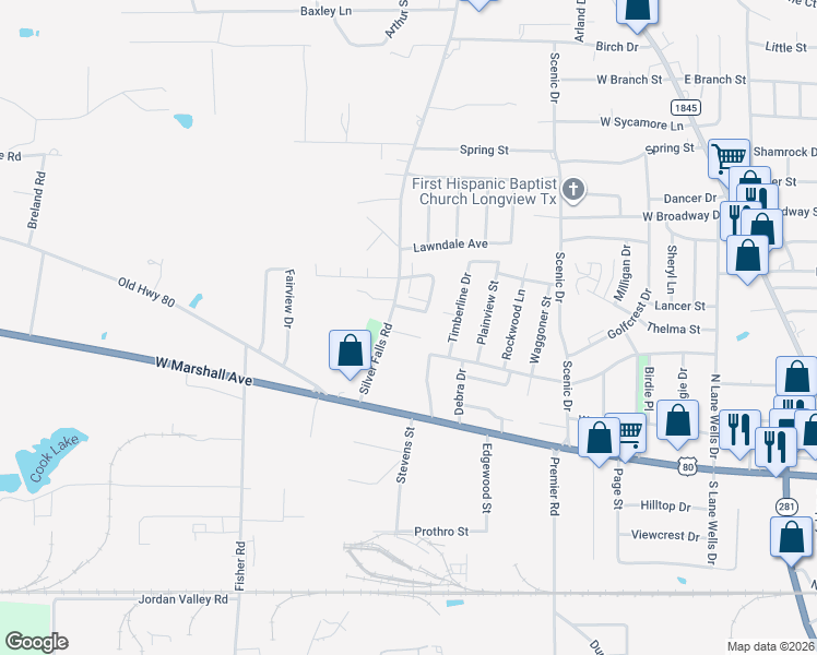 map of restaurants, bars, coffee shops, grocery stores, and more near 108 Jester Circle in Longview