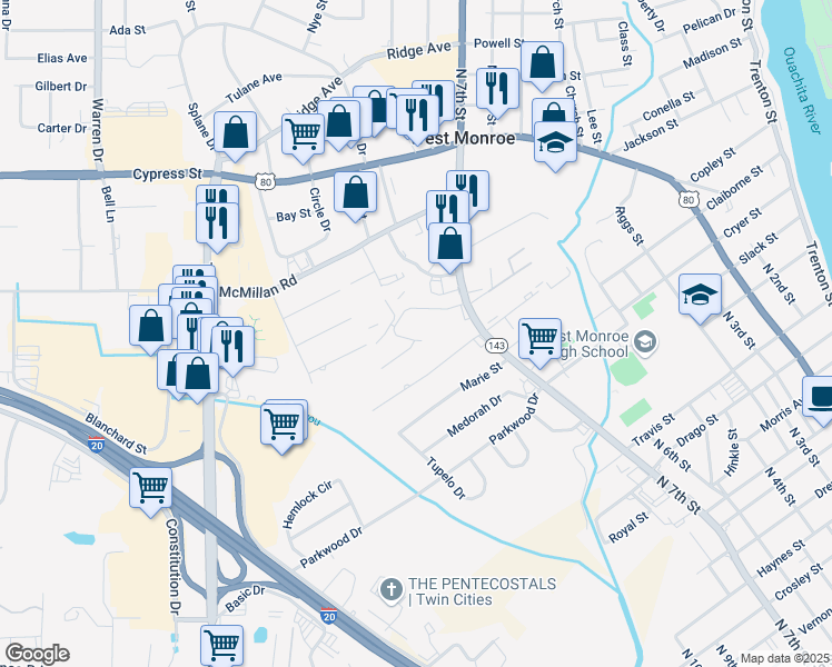 map of restaurants, bars, coffee shops, grocery stores, and more near 113 Parkwest Drive in West Monroe