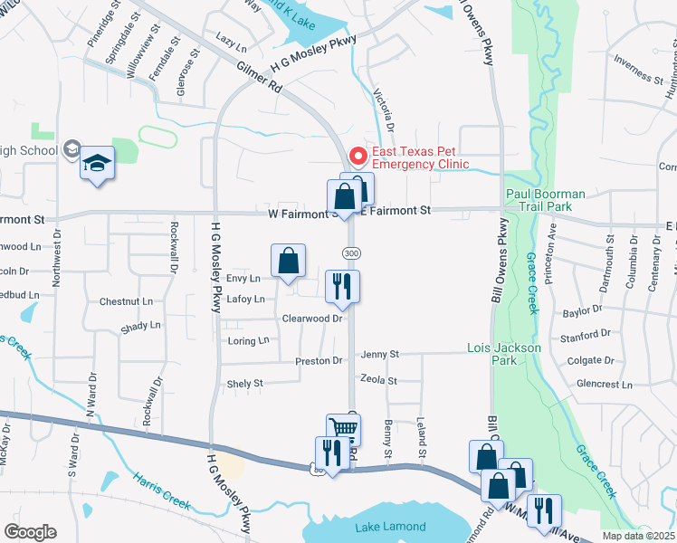 map of restaurants, bars, coffee shops, grocery stores, and more near 605 Gilmer Road in Longview