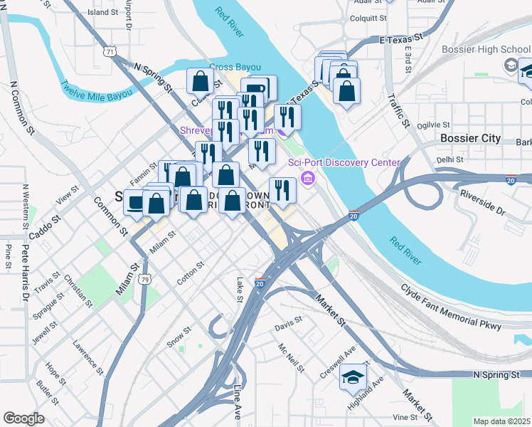 map of restaurants, bars, coffee shops, grocery stores, and more near 800 North Spring Street in Shreveport