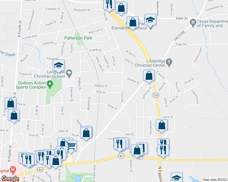 map of restaurants, bars, coffee shops, grocery stores, and more near 1415 Ruth Drive in Longview