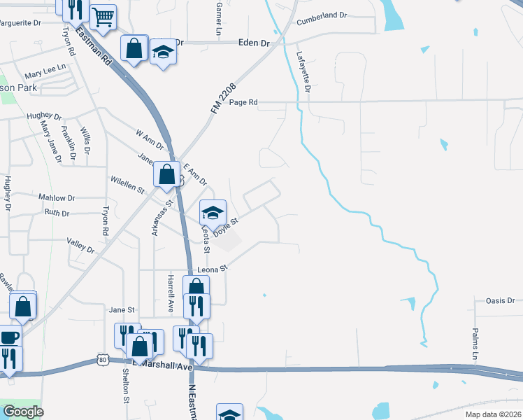 map of restaurants, bars, coffee shops, grocery stores, and more near 222 Crestwood Drive in Longview