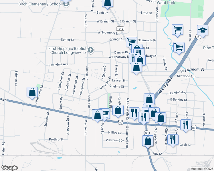 map of restaurants, bars, coffee shops, grocery stores, and more near 719 Golfcrest Drive in Longview