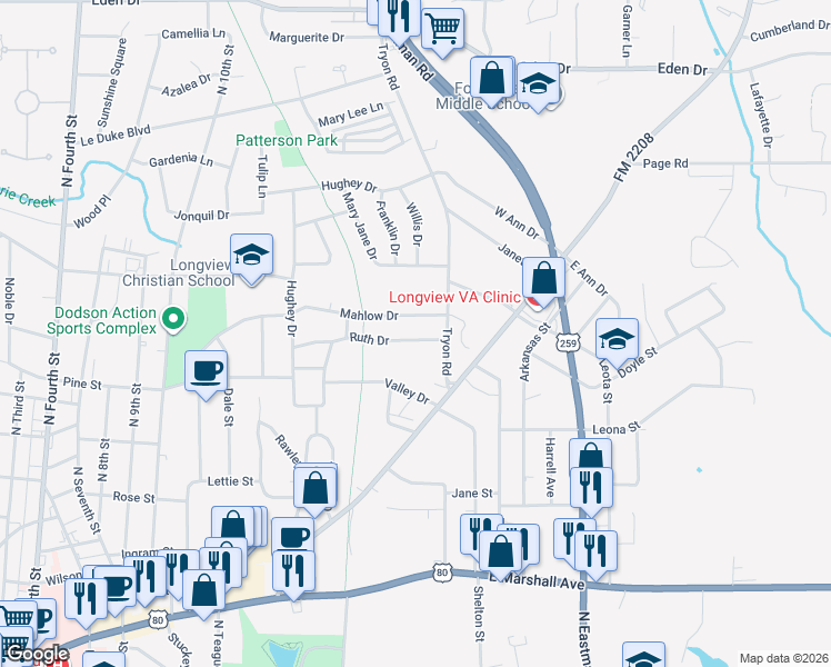 map of restaurants, bars, coffee shops, grocery stores, and more near 1420 Mahlow Drive in Longview