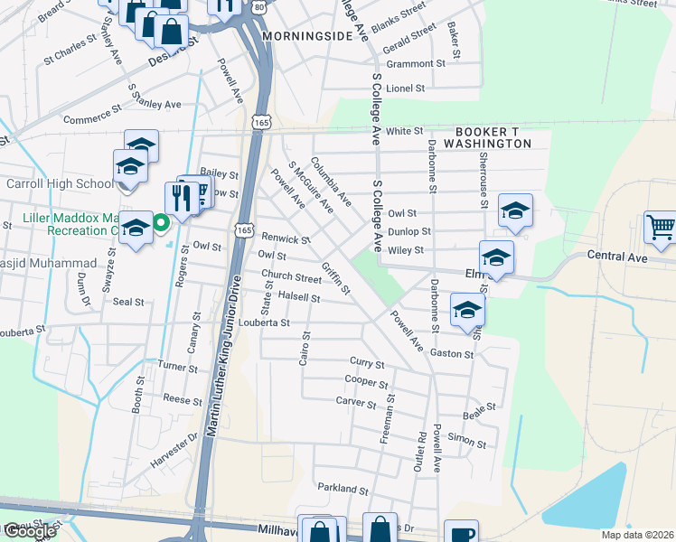 map of restaurants, bars, coffee shops, grocery stores, and more near 1308 Powell St in Monroe