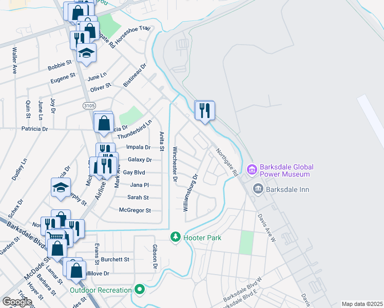 map of restaurants, bars, coffee shops, grocery stores, and more near 3326 Danbury Court in Bossier City