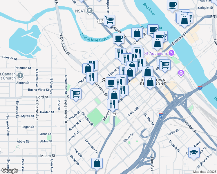 map of restaurants, bars, coffee shops, grocery stores, and more near Travis Street in Shreveport