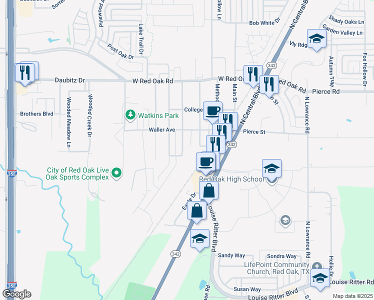 map of restaurants, bars, coffee shops, grocery stores, and more near 108 South Summit Street in Red Oak