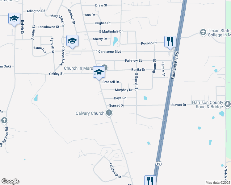 map of restaurants, bars, coffee shops, grocery stores, and more near 302 Murphey Drive in Marshall