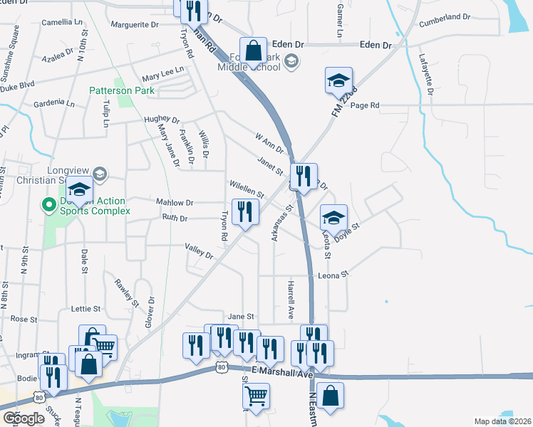 map of restaurants, bars, coffee shops, grocery stores, and more near 1800-1898 FM 2208 in Longview