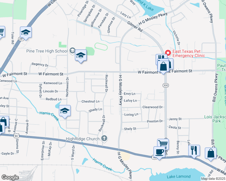map of restaurants, bars, coffee shops, grocery stores, and more near 792 Cove Place in Longview