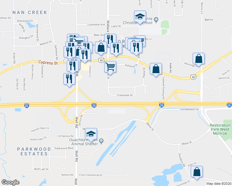 map of restaurants, bars, coffee shops, grocery stores, and more near 109 Crestview Drive in West Monroe