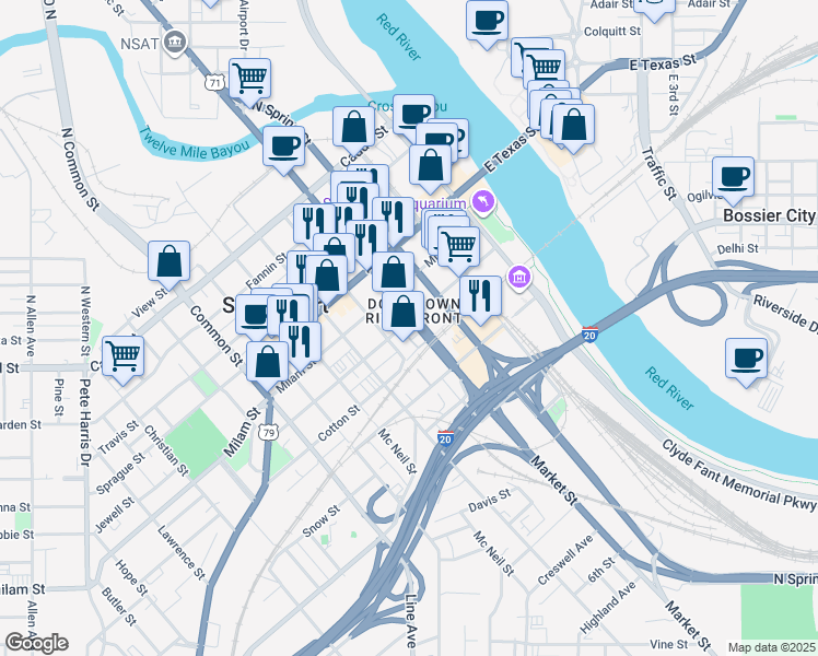 map of restaurants, bars, coffee shops, grocery stores, and more near 719 Edwards Street in Shreveport